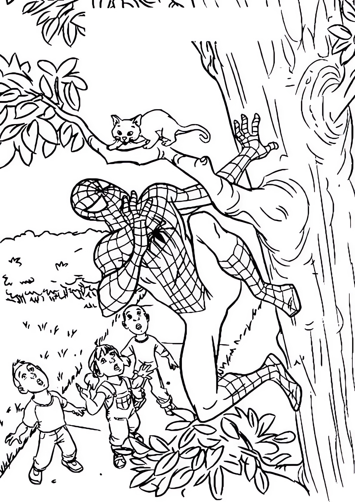 Disegno di Spiderman che salva un gattino da stampare e colorare 